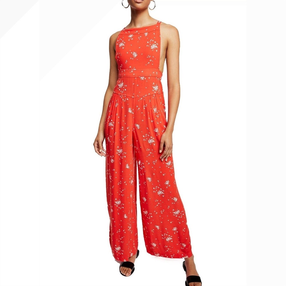 Free People Orange Square Neck Back Tie Wide Leg Jumpsuit Fairycore Boho S
